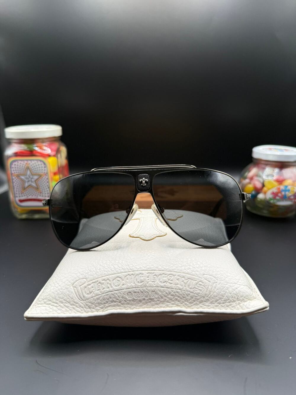Chrome Hearts Double D Aviator Sunglasses Silver Black Leather Arms
